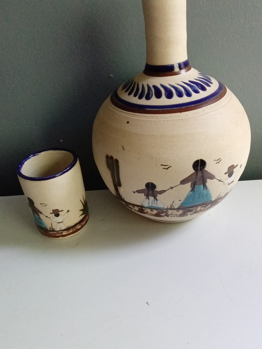Vintage Tonala Mexican Pottery Carafe and Cup Set Hand Painted Folk Art Mexico